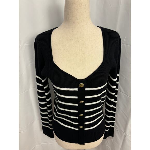 NWOT Tahari Black and White Strip Sweetheart Neck Sweater - Picture 5 of 6